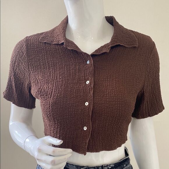 Zara Brown Lightweight Textured Cropped Short Sleeve Button Down Top - Picture 1 of 5